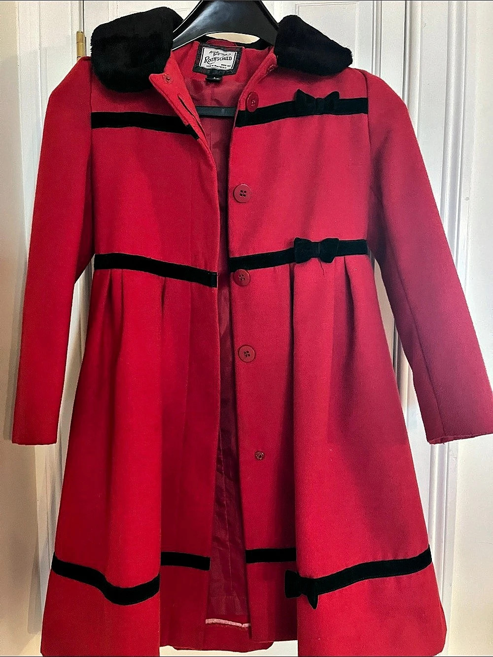 Vintage Rothschild Girls Red Faux Wool Dress Peacoat with Black Faux Fur Collar